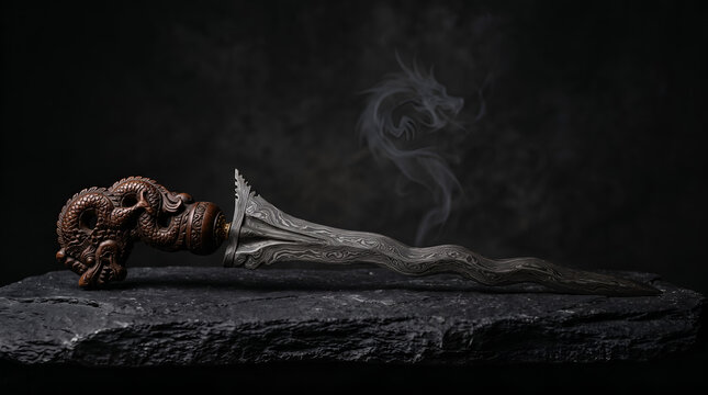 Authentic Indonesian keris with dragon-inspired carving on a dark studio background, suitable for cultural heritage, museums