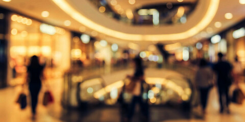 Fototapeta premium A blurred view of a shopping mall interior with escalators and shoppers, capturing a lively atmosphere in a retail environment.