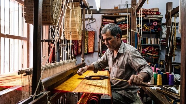Indian artisan weaving a traditional golden Banarasi silk sari on a loom