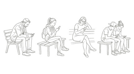 Fototapeta premium People sitting on benches using their smartphones, connected to the digital world