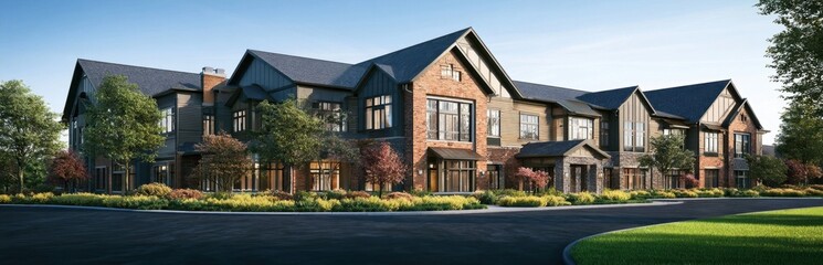 Obraz premium Large luxury residential estate with brick and timber facade under blue sky