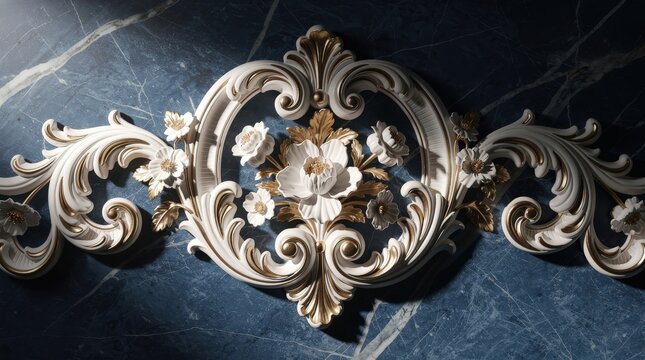 Ornate floral relief carving with intricate swirling leaves and flowers in white and gold on a dark marble background.