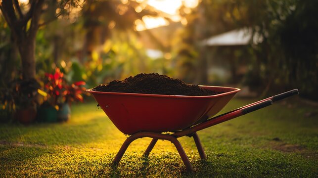 Sunlit wheelbarrow filled with garden soil.