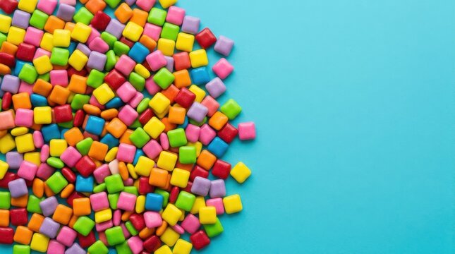 Vibrant assortment of square multicolored candies scattered on a bright blue background. Perfect for sweet shop advertisements, this high quality top view image provides plenty of copy space for text.
