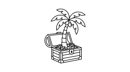 Cartoon Treasure Chest With Palm Tree Growing Inside, Tropical Island Discovery © Jaya