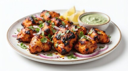 Fototapeta premium Close Up Juicy Grilled Chicken Tikka Pieces Red Orange Spice Marinade Charred