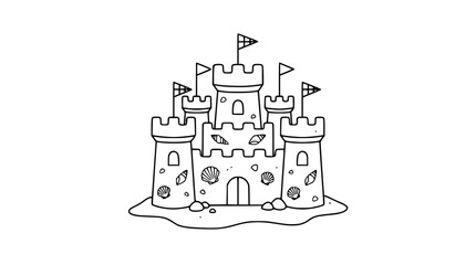 Hand-drawn black and white sandcastle with seashell decorations and flags on white background © Jaya