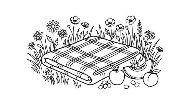 Picnic Blanket with Fruit in Meadow, Outline Drawing