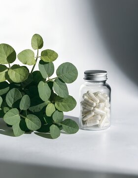 Fresh bacopa monnieri leaves beside an unlabeled capsule bottle, pale gray-white surface