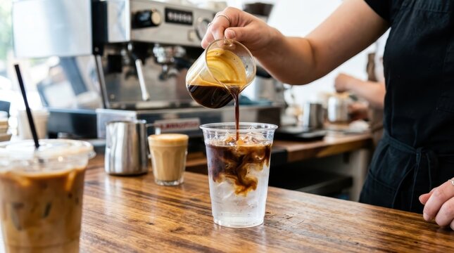 Professional barista pouring fresh hot espresso coffee into a plastic cup filled with ice and water on a wooden counter in a modern cafe shop making a refreshing iced americano drink for cafe clients.