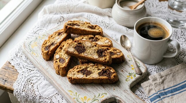 Traditional Italian cantucci biscotti with dried figs and almonds on a rustic wooden board next to a cup of hot black coffee, perfect for breakfast or a sweet snack in a cozy home setting for everyone