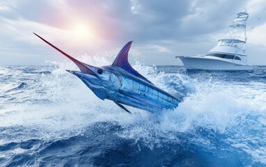 Naklejka premium Stunning Blue Marlin Leaping from Ocean Waves with Sport Fishing Boat in the Background at Sunset