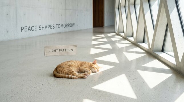 An orange ginger cat sleeps peacefully on a polished concrete floor in a minimalist modern hallway with geometric sunlight patterns and architectural