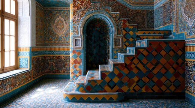 Ornate moorish interior with colorful tile work and arched staircase