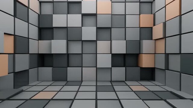 Abstract 3D Motion Background with Moving Grey and Bronze Geometric Cubes