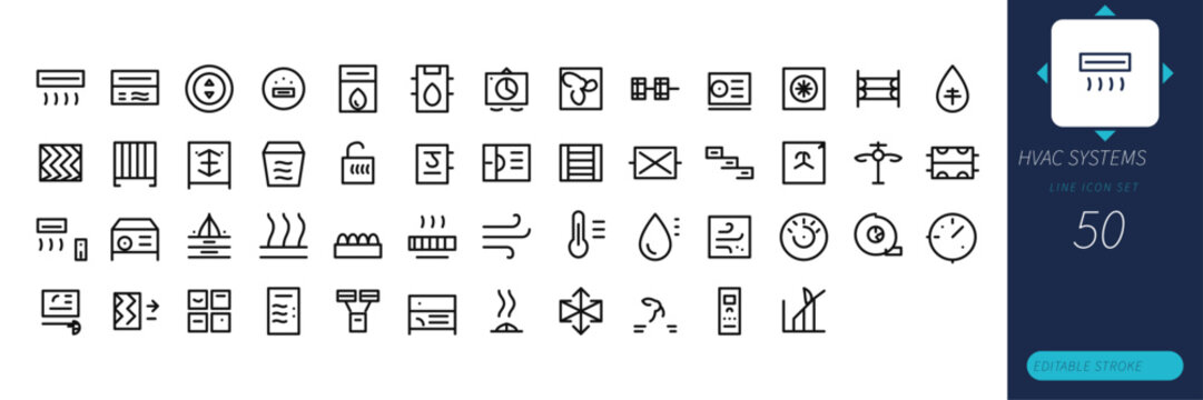 HVAC Systems icon set. Editable line icons. Vector illustration.