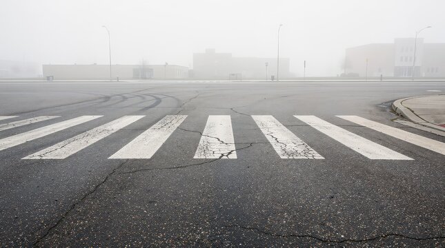 A foggy urban intersection with a worn pedestrian crosswalk and faint tire marks on the asphalt.