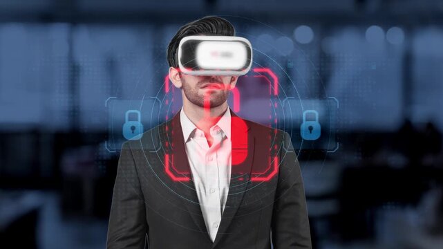A businessman wearing a virtual reality headset interacts with digital security icons, showcasing the intersection of technology and data protection in a modern office setting. Raster
