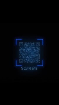 Blue QR code scan interface background with glowing square frame, dark screen, and scan me text. Perfect for app videos, payment promos, mobile tutorials, web demos, and digital overlays.