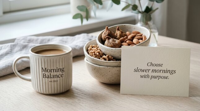 Cozy wellness breakfast scene with Morning Balance coffee mug plus healthy bowls of dried figs almonds and walnuts and an inspiring quote card on a wooden table perfect for slow mindful morning today.