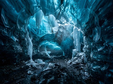 Dramatic blue ice cave interior with frozen formations and glacial textures