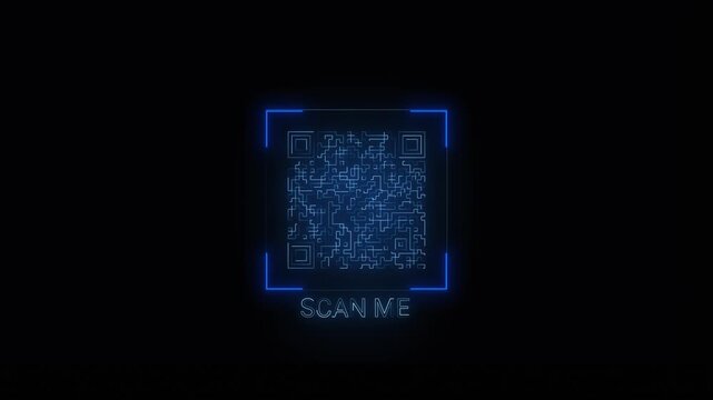 Glowing scan me QR visual with blue digital code, square scanner corners, and black interface space. Perfect for mobile apps, payment videos, web guides, and technology overlays.
