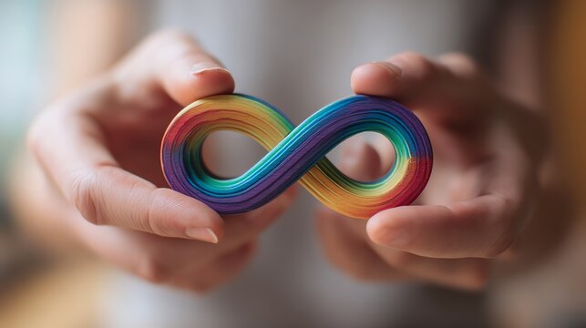 Colorful infinity symbol held in human hands.