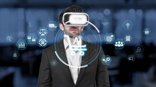 A businessman engages with virtual reality technology, exploring a digital marketplace with innovative design elements projected in a modern office environment. Raster