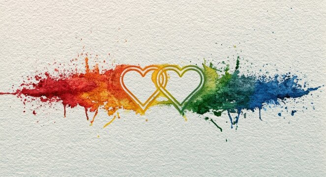 Rainbow watercolor paint splashes with interlocking white heart outlines on textured canvas