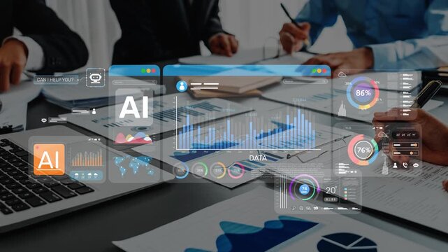 A dynamic business team engages in data analysis, utilizing artificial intelligence tools and digital graphs to enhance decision-making and drive success in the modern workplace. Raster
