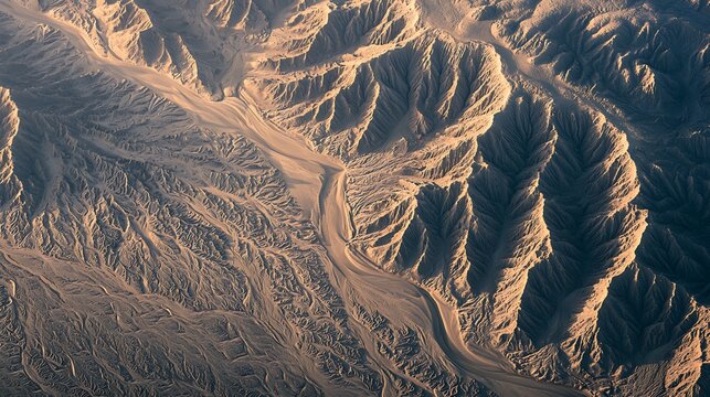 Aerial view of rugged desert landscape with erosion patterns. Perfect for geography studies and environmental themes.