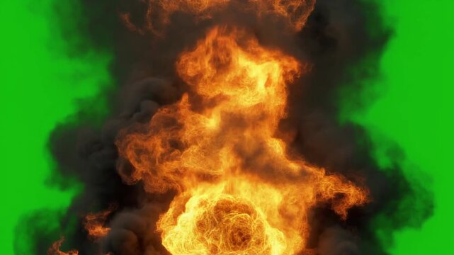 Intense fireball explosion with thick black smoke against a green background