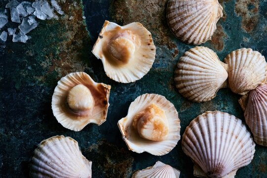 Raw scallops in open shells scattered on a dark green textured surface