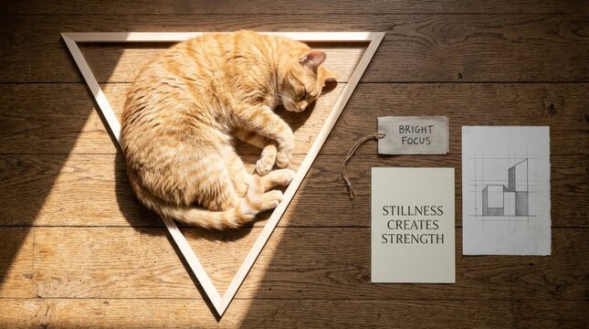 Adorable ginger tabby cat sleeping peacefully inside a wooden triangle frame on a rustic floor with motivational quotes and artistic sketches,