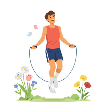 A young man happily skipping rope in a meadow surrounded by flowers.