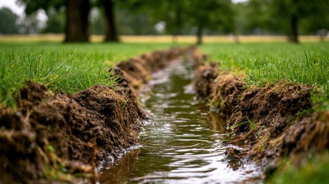 Freshly dug irrigation trench with water flow