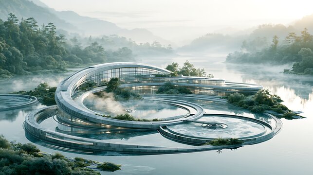 Treatment Plant modern water treatment facility aerial view at dawn, circular treatment pools in geometric pattern, clean minimal industrial design, mist rising from water surface, surrounding 