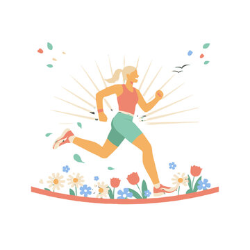 A woman running through a field of flowers.