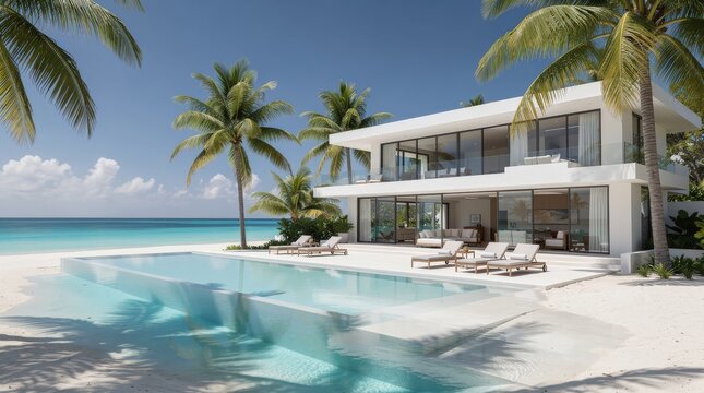 Modern beachfront villa with an infinity pool, surrounded by palm trees and overlooking a calm, turquoise ocean under a clear blue sky.