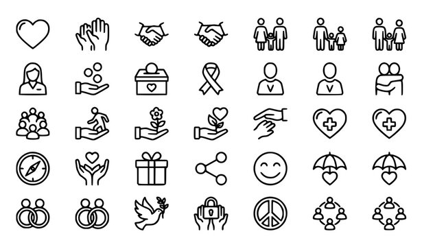 Love Friendship Care and Charity Editable Stroke Outline Icons Set with Pixel Perfect 64x64 Vector