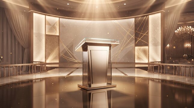 Empty luxury marble podium on grand stage. Modern golden event platform for keynote speeches and corporate presentations.