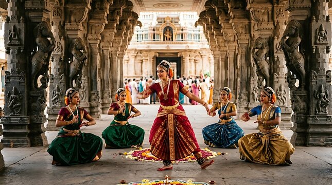 Indian women performing bharatanatyam dance in an old temple