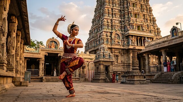 Indian woman performing classical dance at ancient temple