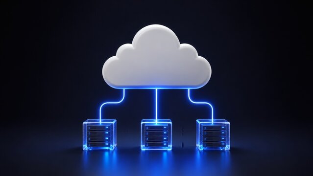 Futuristic cloud computing concept with glowing servers and digital cloud on dark background