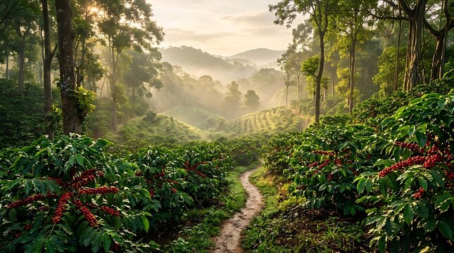 Coffee plantation in a tropical misty forest mountain