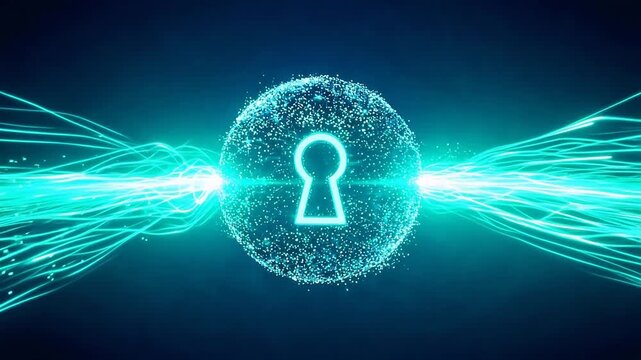 Glowing Digital Keyhole in Particle Sphere with Data Streams - Cybersecurity Concept Animation