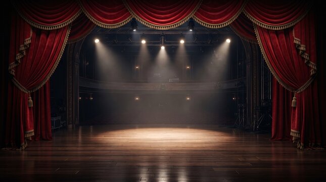 Empty theater stage with red velvet curtains and spotlight. Dramatic performance space ready for actors and audience.