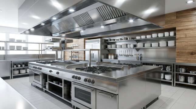 Sleek professional commercial kitchen interior with stainless steel appliances stove oven and exhaust hood system organized for gourmet cooking services in a luxury restaurant or hotel culinary space.