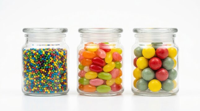 Three clear glass jars filled with assortment of colorful sweet candies including sprinkles jelly beans and chocolate balls isolated on white
