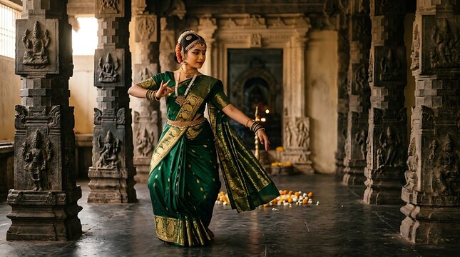 Indian woman performing bharatnatyam dance in stone temple
